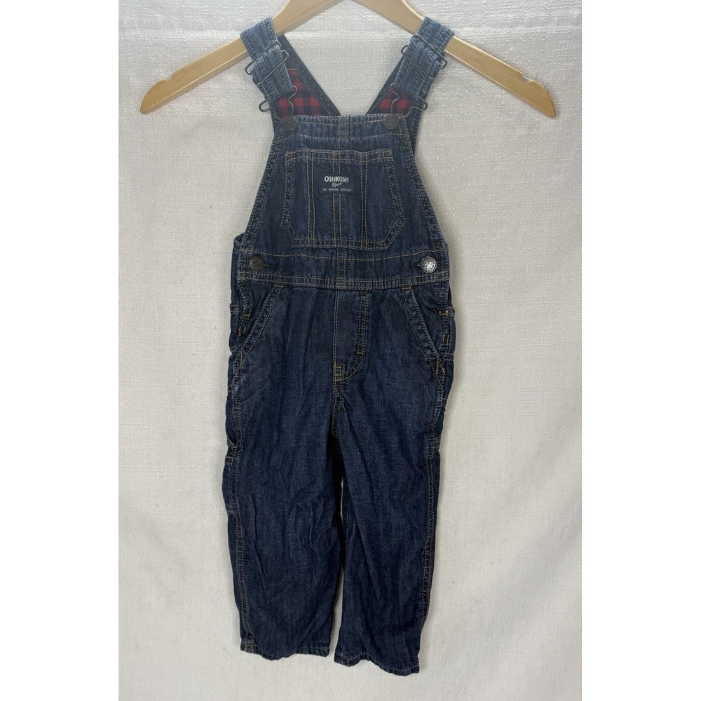 OshKosh B'gosh Dark Denim Unisex Buffalo Flannel Cuff Overalls 2T V-back